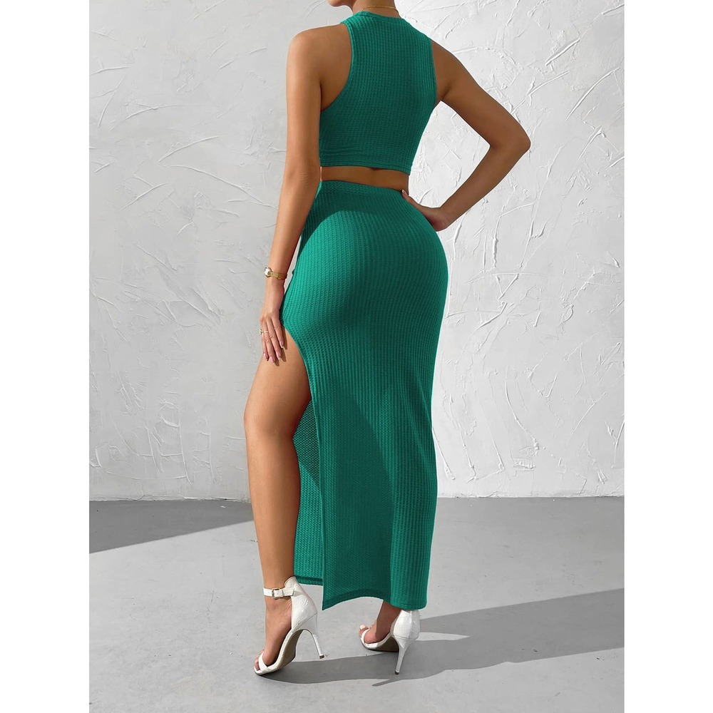 2 piece skirt set: Waffle Knit Crop Top & Split Thigh maxi Skirt gray - Picture 9 of 11